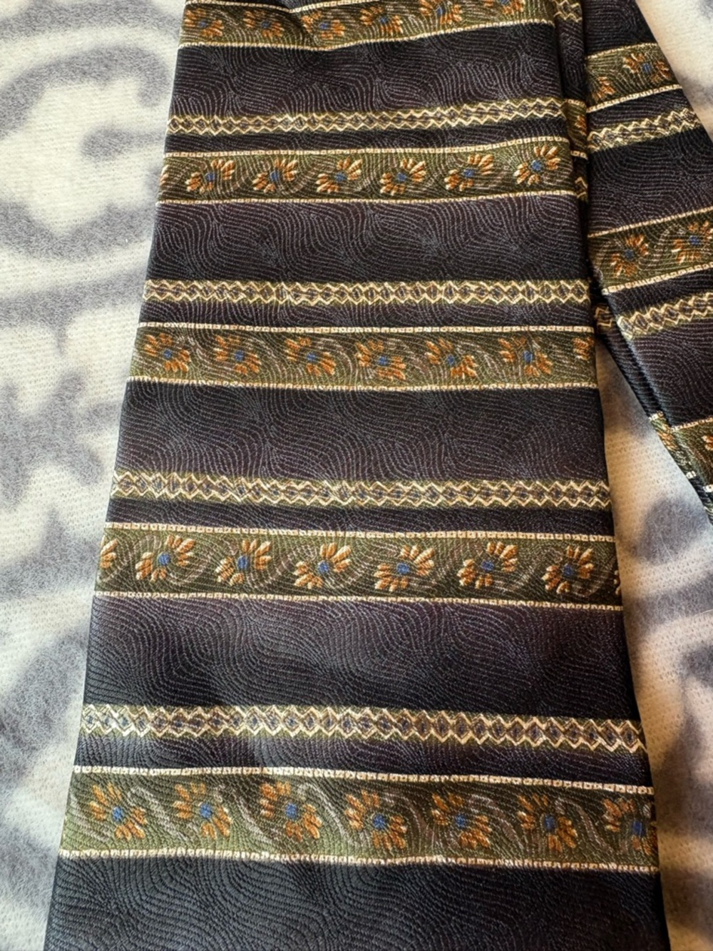 Men's Black Tie with Olive and Gold Patterned Stripes